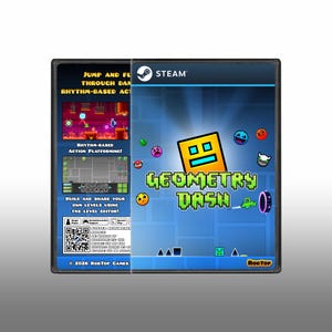 May include: A physical video game case for Geometry Dash featuring a yellow square character on the front cover with the Steam logo. The back cover displays gameplay screenshots, the text Jump and Fly Through Danger, and system requirements.