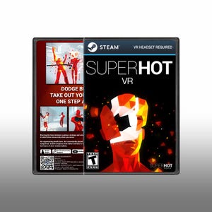 May include: A video game case for SUPERHOT VR featuring a stylized red and white geometric figure on the front cover. The back cover displays gameplay screenshots, the text Dodge bullets, take out your enemies, and system requirements for PC.