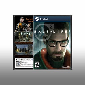 Puede incluir: Caja de videojuego Half-Life 2 para PC con un primer plano de un hombre con gafas en la portada. La contraportada muestra capturas de pantalla, los logotipos de Valve y Steam, y requisitos del sistema con procesador de 1,7 GHz y 512 MB de RAM.