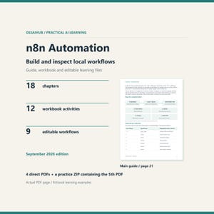 May include: A digital learning guide titled n8n Automation: Build and inspect local workflows. It includes 18 chapters, 12 workbook activities, and 9 editable workflows. The September 2026 edition features 4 direct PDFs and a practice ZIP file.
