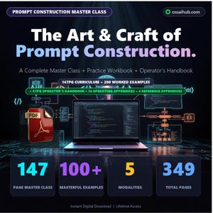 Pode incluir: Gráfico digital que promove uma Master Class de Construção de Prompt. A imagem apresenta um laptop exibindo código, um ícone PDF e o texto "The Art & Craft of Prompt Construction". Destaca 147 páginas, 100+ exemplos, 5 modalidades e 349 páginas no total.