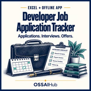 May include: A digital product graphic titled Developer Job Application Tracker with Excel + Offline App. Features a briefcase, a desk calendar, an interview checklist, a fountain pen, a stack of books labeled Plan, Apply, Interview, Grow, and a plant.