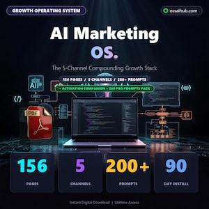 May include: Digital marketing product with the text "AI Marketing OS." The image includes a laptop displaying code, a PDF icon, and the numbers 156, 5, 200+, and 90, representing pages, channels, prompts, and day install.