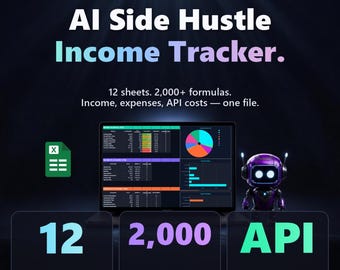 AI Side Hustle Income Tracker | Excel + Google Sheets | 10 Sheet Dashboard, Tax Summary, Goals | Dark + Light Mode | Instant Download