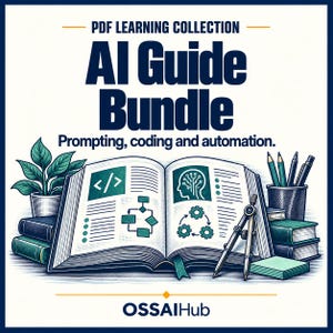 May include: A PDF Learning Collection AI Guide Bundle featuring an open book with diagrams of code, a brain icon, and gears. The text reads PDF LEARNING COLLECTION, AI Guide Bundle, Prompting, coding and automation, and OSSAIHub. Includes a plant and pens.