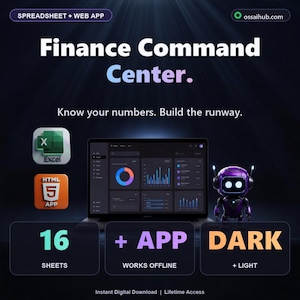 Può includere: Annuncio pubblicitario per "Finance Command Center", un prodotto digitale. L'immagine presenta un laptop con una dashboard finanziaria, icone delle app Excel e HTML e un robot viola. Il testo include "Know your numbers. Build the runway", "16 Sheets" e "Works Offline."