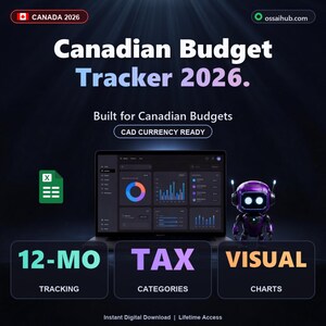 Peut inclure: Graphique numérique pour le "Canadian Budget Tracker 2026." L'image présente un ordinateur portable affichant des graphiques, un robot et le texte "12-MO TRACKING", "TAX CATEGORIES" et "VISUAL CHARTS". Le fond est bleu foncé.