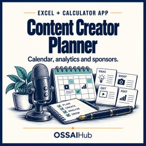 以下が含まれることがあります： マイク、卓上カレンダー、plan、create、analyze、growのチェックリスト付きメモ帳、万年筆、ideas、shoot、edit、postと書かれた4枚のカードを備えたContent Creator Plannerデジタルツール。テキストはEXCEL + CALCULATOR APP。