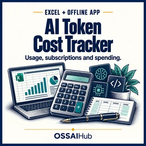 Puede incluir: Un gráfico digital con una computadora portátil que muestra una hoja de cálculo de Excel, una calculadora, un bolígrafo y un cuaderno con columnas para fecha, modelo, tokens y uso. Texto: EXCEL + OFFLINE APP, AI Token Cost Tracker, OSSAIHub.