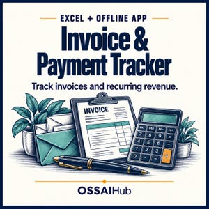 May include: A digital graphic for an Excel and offline app Invoice & Payment Tracker. It features a clipboard with an invoice form, a calculator, a pen, envelopes, and potted plants. The text reads EXCEL + OFFLINE APP, Invoice & Payment Tracker, Track invoices and recurring revenue, and OSSAIHub.