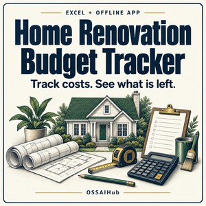 May include: A digital Home Renovation Budget Tracker for Excel and offline apps. The graphic features a house illustration, blueprints, a tape measure, a calculator, a clipboard, a pencil, and a paint can with a brush. Text reads: EXCEL + OFFLINE APP, Home Renovation Budget Tracker, Track costs. See what is left. OSSAIHub.