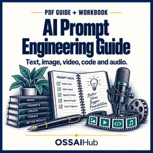 Könnte beinhalten: Eine digitale Illustration mit dem Titel PDF GUIDE + WORKBOOK AI Prompt Engineering Guide Text, image, video, code and audio. Sie zeigt einen Bücherstapel, ein Notizbuch mit Checkliste, einen Füllfederhalter, ein Mikrofon und Filmstreifen. OSSAIHub.