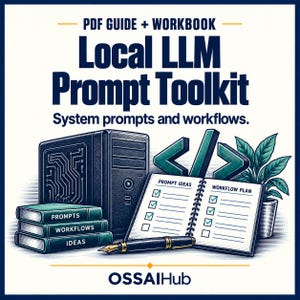 May include: A digital product titled PDF GUIDE + WORKBOOK Local LLM Prompt Toolkit System prompts and workflows. It features a computer tower, a stack of three books labeled PROMPTS, WORKFLOWS, IDEAS, a notebook with checkboxes, a pen, and a plant.