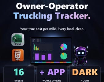 May include: A digital product advertisement for an Owner-Operator Trucking Tracker featuring a laptop displaying data charts, an Excel icon, an HTML5 app icon, a small purple robot, and text including 16 sheets, app, works offline, dark, and light.