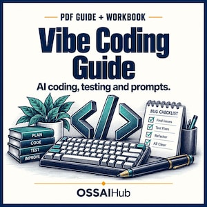 May include: A digital graphic titled Vibe Coding Guide PDF Guide + Workbook. It features a stack of books labelled Plan, Code, Test, Improve, a potted plant, a keyboard, a code bracket symbol, a Bug Checklist notepad, and a pen. OSSAIHub is at the bottom.