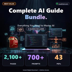 May include: A digital graphic promoting a "Complete AI Guide Bundle." The image features a laptop displaying code, a PDF icon, and text indicating "2,100+ PAGES," "700+ PROMPTS," and "43 PDFs." The bundle promises to help master AI.
