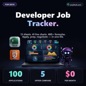 Peut inclure: Image promotionnelle pour un Developer Job Tracker. L'image présente un ordinateur portable affichant des graphiques, avec des icônes Excel et HTML, et un robot violet. Le texte comprend "100 Applications", "5 Comparer les offres" et "0 € par mois".