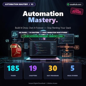 May include: Digital advert for "Automation Mastery." The image shows a laptop with code, a PDF icon, and text detailing 185 pages, 19 chapters, a 30-day program, and 5 war stories. The product offers lifetime access.