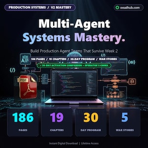 May include: A digital graphic promoting "Multi-Agent Systems Mastery." The image features a laptop displaying code, a PDF icon, and text indicating 186 pages, 19 chapters, a 30-day program, and 5 war stories. The graphic includes the text "Instant Digital Download | Lifetime Access."