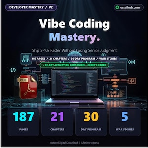 May include: Digital graphic promoting "Vibe Coding Mastery." The image features a laptop displaying code, a PDF icon, and key data points: 187 pages, 21 chapters, a 30-day program, and 5 war stories. The text promises faster coding.