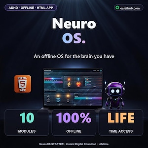 May include: A digital advertisement for Neuro OS, an offline operating system. The image features a laptop displaying the OS interface, a purple robot, and the text "Neuro OS." Additional text includes "10 Modules," "100% Offline," and "Life Time Access."