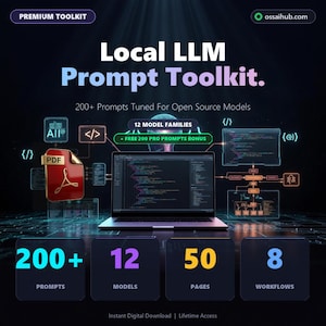 Könnte beinhalten: Grafik eines digitalen Toolkits namens "Local LLM Prompt Toolkit". Es zeigt einen Laptop mit Code, Symbolen und den Zahlen 200+, 12, 50 und 8, die für Prompts, Modelle, Seiten und Workflows stehen. Für Open-Source-Modelle.