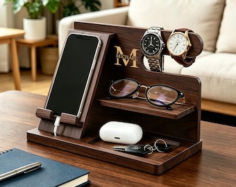 Base de carga de madera personalizada: organizador de escritorio grabado, soporte para teléfono, regalos para hombres, regalo para el Día del Padre.
