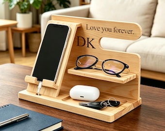 Personalized Wood Docking Station: Engraved Desk Organizer, Phone Stand, Gifts for Men, Father's Day Gift