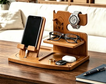 Personalized Wood Docking Station: Engraved Desk Organizer, Phone Stand, Gifts for Men, Father's Day Gift