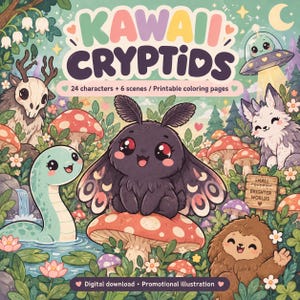 Kawaii Cryptids Coloring Book: 30 Cute Bigfoot & Monster Pages, Printable PDF