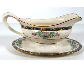 Salsera vintage Lenox Mystic Art Deco con plato inferior y borde dorado, 10x4x3,75" aprox.