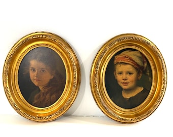 Hansel & Gretel Art Prints On Board In Beautiful Oval Simple Distressed Frame