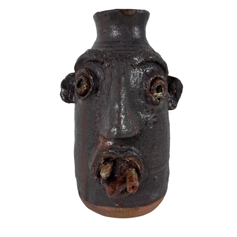 Vintage Johnny Lee Alabama Folk Art Face Jug Dark Brown Glazed Pottery ...