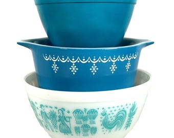 VTG Pyrex Rührschüssel-Set Butterprint 402 Schneeflocke 473 Türkis 401 3-tlg