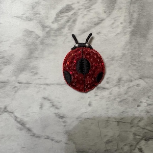 May include: A ladybug patch featuring a round body covered in shiny red sequins. The insect has black embroidered accents including a central stripe, two side spots, and two antennae extending from the top of the head. The design is flat and circular.
