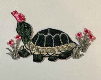 Turtle with Flower Iron On Patch - Embroidered Applique