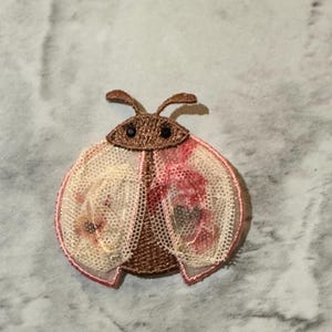 May include: A brown and pink embroidered ladybug with a mesh-like texture. The ladybug has a black head with two black eyes.