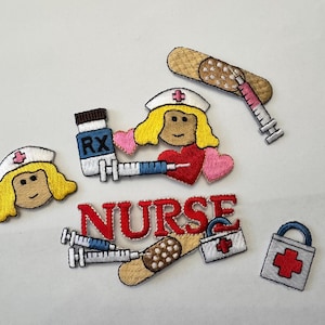 May include: Embroidered patches featuring a nurse theme. Includes patches of a nurse's face, a prescription bottle, syringes, bandages, a heart, a medical bag, and the word "NURSE" in red letters. The patches are in various colors.