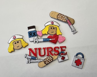 May include: Embroidered patches with a nurse theme. The patches include a nurse's face, a prescription bottle, syringes, bandages, a heart, a medical bag, and the word "NURSE" in red. The patches are in various colours.