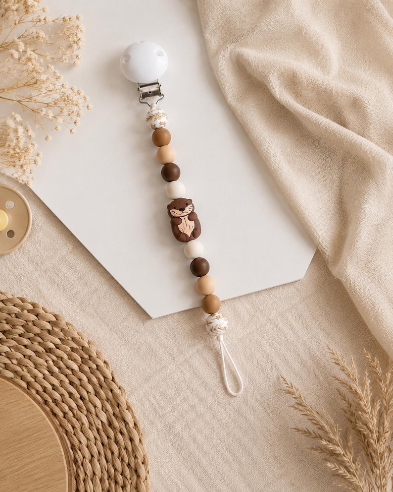Pacifier chain with otter motif - silicone beads, silicone clip | Baby gift for newborns | For baby boys and girls image 3