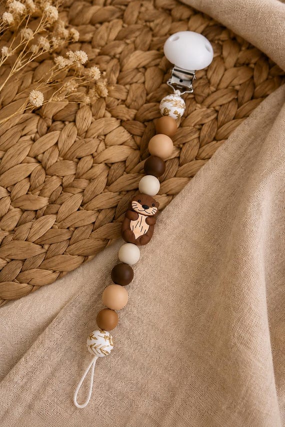Schnullerkette mit Otter Motiv - Silikon Perlen, Silikon Clip | Babygeschenk zur Geburt | Für Babys Jungen und Mädchen