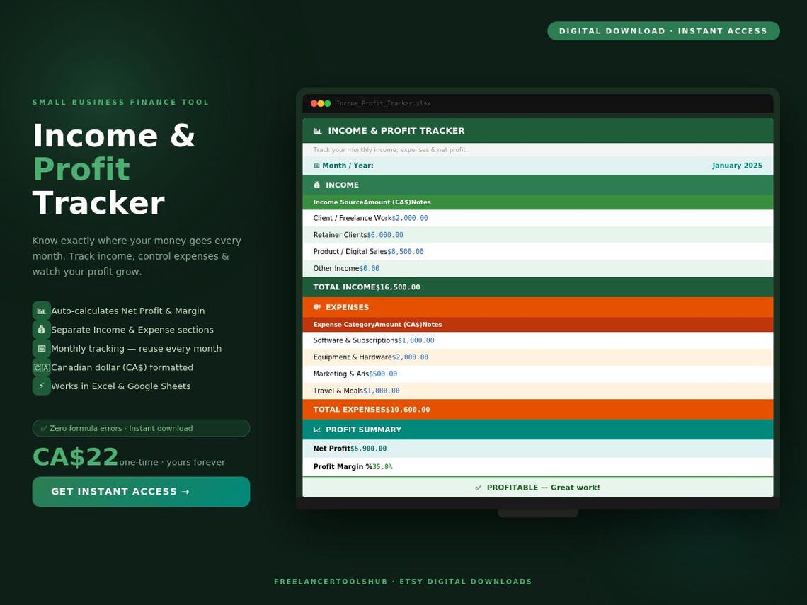 Income & Profit Tracker Excel Spreadsheet | Monthly Budget Planner ...