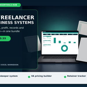Może przedstawiać: Cyfrowy pakiet produktów zatytułowany 5 FREELANCER BUSINESS SYSTEMS, zawierający edytowalny skoroszyt programu Excel. Wyświetlacz pokazuje laptopa i tablet z wykresami pulpitu nawigacyjnego oraz tekst Bookkeeper system, VA pricing builder i Retainer tracker.