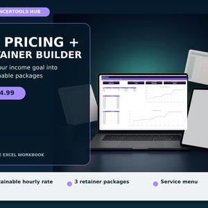May include: A digital VA Pricing and Retainer Builder Excel workbook displayed on a laptop screen. The interface features data tables, charts, and the text FreelancerTools Hub. A tablet and floating document are visible alongside the laptop.