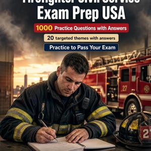 May include: A book titled Firefighter Civil Service Exam Prep USA with 1000 Practice Questions with Answers, 20 targeted themes with answers, Practice to Pass Your Exam, and 2027-2028 New edition text, featuring a firefighter writing in a notebook.