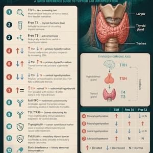 Puede incluir: Una infografía educativa titulada Thyroid Labs Patterns, que presenta un diagrama de la glándula tiroides, la tráquea y la laringe, junto a una lista numerada de doce pruebas tiroideas y una tabla que explica el eje hormonal.