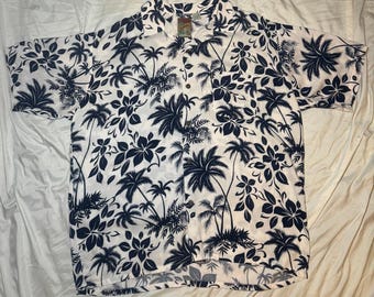 Pineapple Connection Vtg Hawaiian Shirt Large White Blue Tropical Palm Rayon