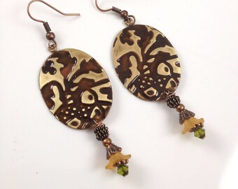 Into The Wild Bronze and Copper Drop Earrings  Textured Earrings Rustic  Jewelry