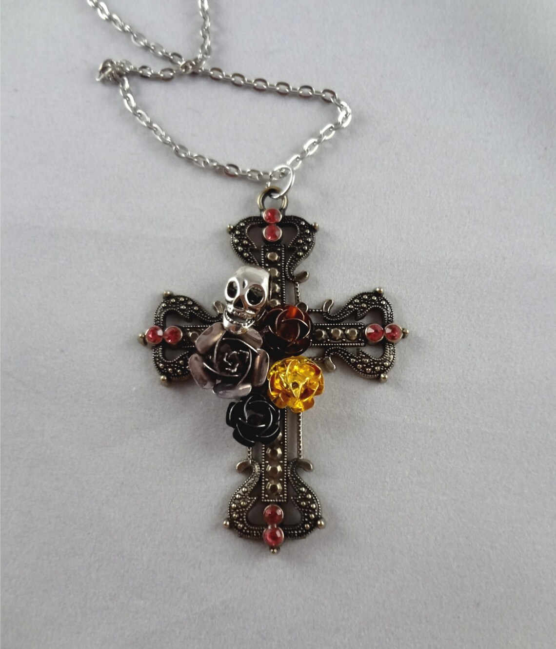 Goth Pendant Rock Star Jewelry Skull and Roses Jewelry Biker Pendant