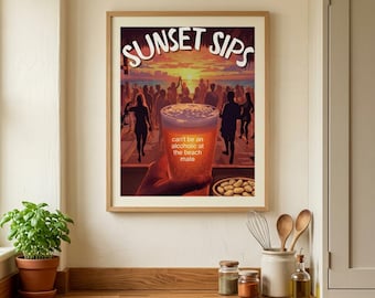 Sunset Sips Poster | happy, peaceful, Beach Drink Illustration Matte Vertical Poster